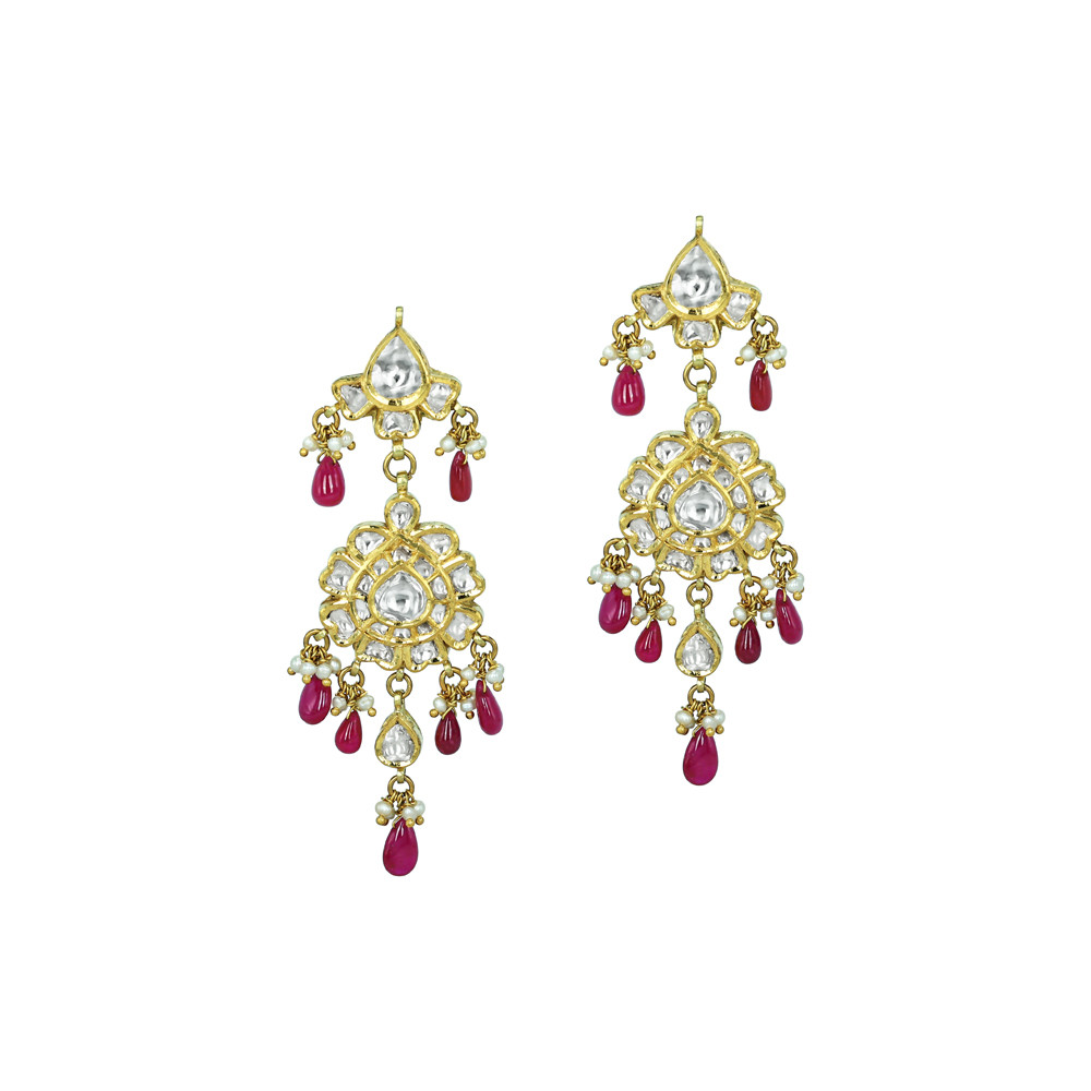 Polki Earrings with Floral Motifs, Ruby Drops, and Pearls
